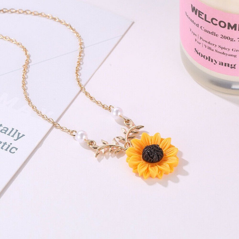 Dainty Gold Chain Pearl Vine Bright Yellow Sunflower Pendant Necklace - Picture 3 of 12